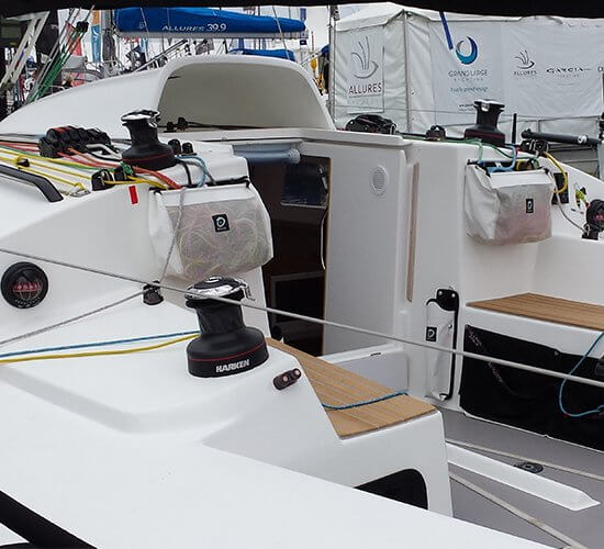 Close-up of a sailing yacht interior showcasing Closed ROPE BAGS for organized storage of coiled lines.