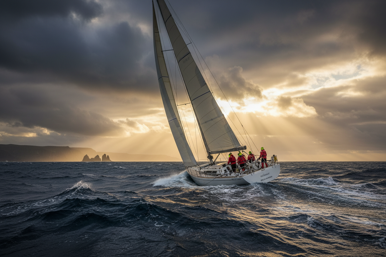 Sailing boat with crew on choppy waters under a dramatic sky. Boat is organized with ropebag holders now