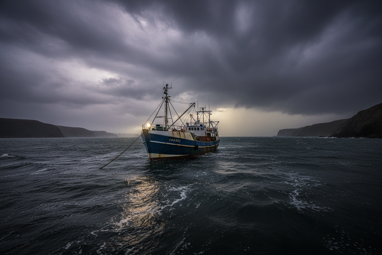 Boat on a stormy sea with dark clouds and cliffs in the background using a mantus anchor