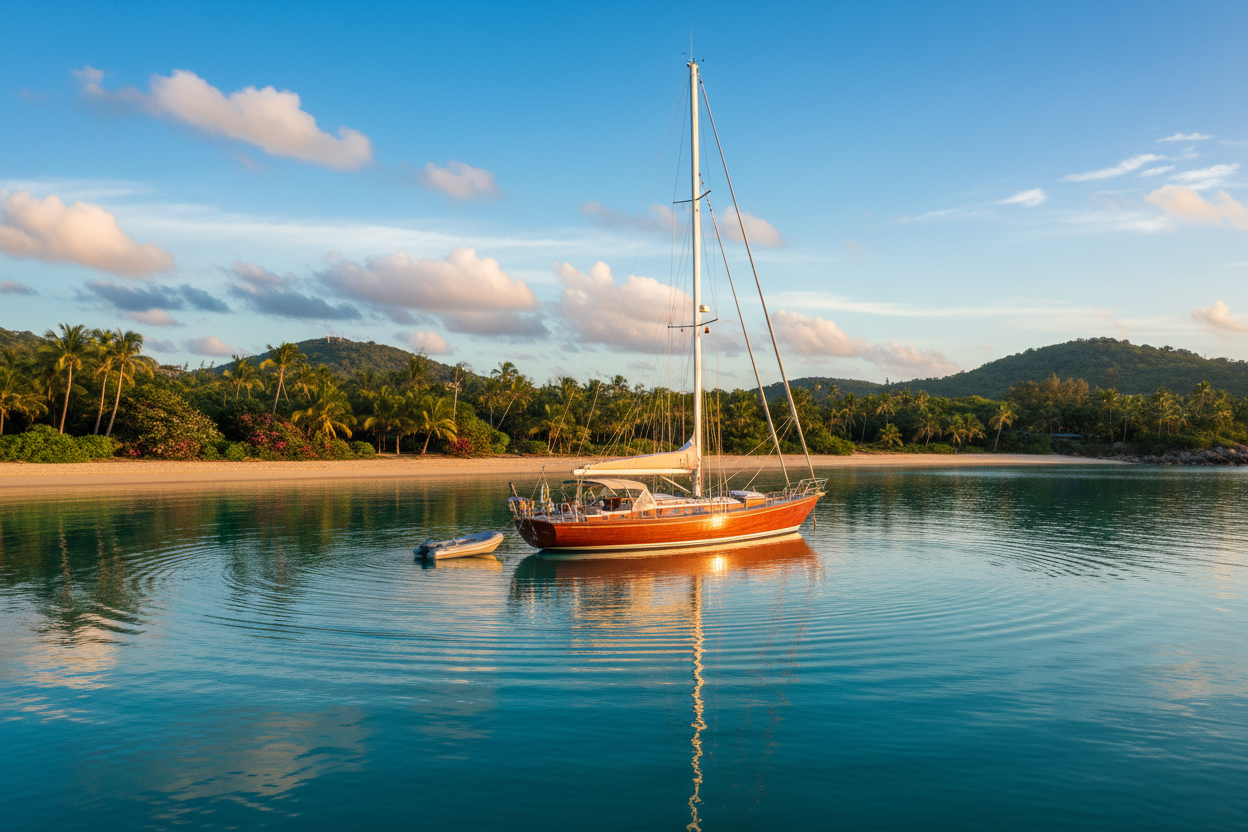 Boat anchored on calm water near a beach