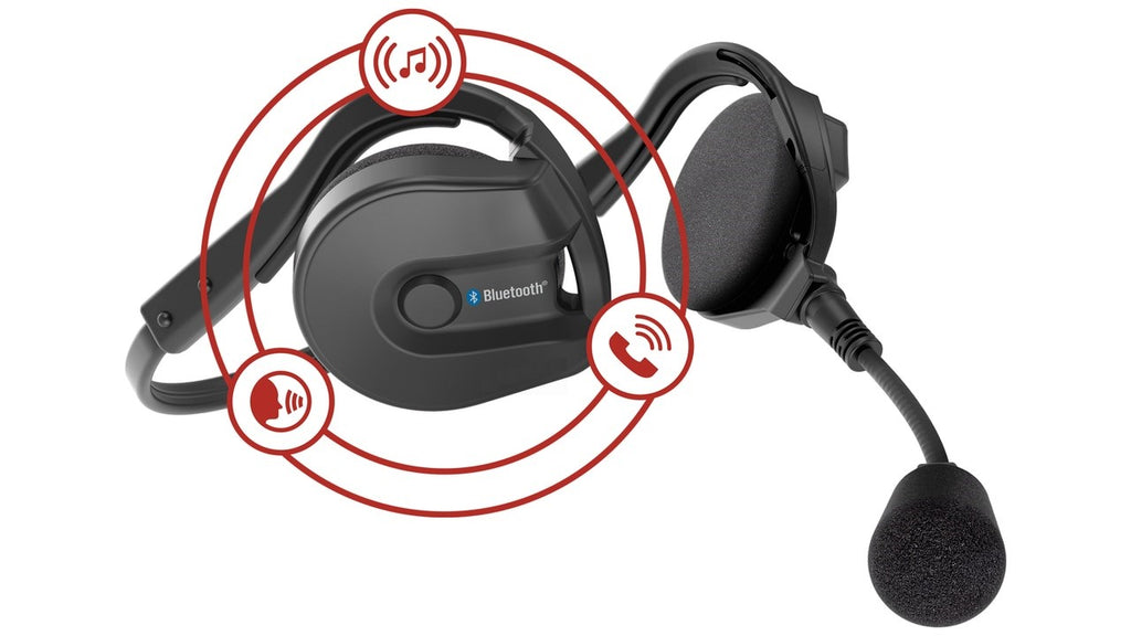 Diagram showing 2Talk Blue tooth headset with noise reduction microphone and speaker headphones all in one. The headphones have the abilify to talk, listen to music as well as answer a bluetooth call from your cell phone or connect with another pair of headsets.