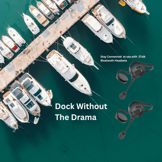 Aerial view of boats and 2Talk Bluetooth headsets for sailors to stay connected at sea.