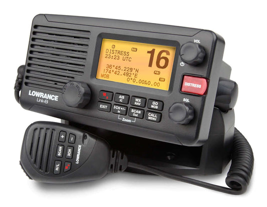 Panpan Panpan Panpan. Hello all stations. Image of a Lowrance Link-8 marine radio with distress channel activation.