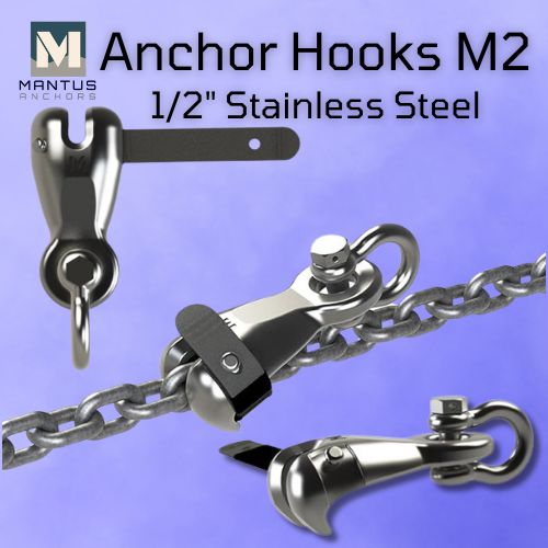 Close-up image showing the top, bottom and anchoring of a new M2 1/2" stainless steel anchor hooks manufactured by Mantus.