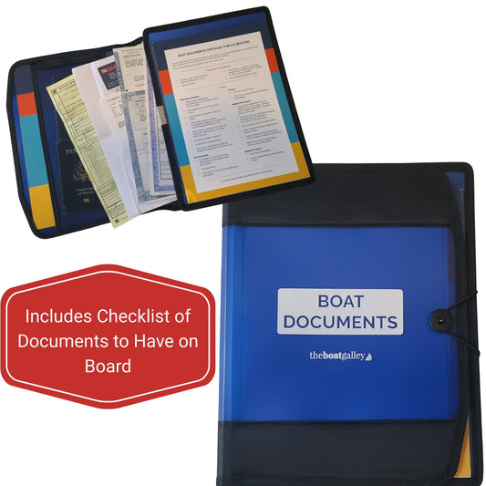 Water-resistant Boat Documents Organizer with interior sleeves, passport pocket, and checklist of documents to have on board.