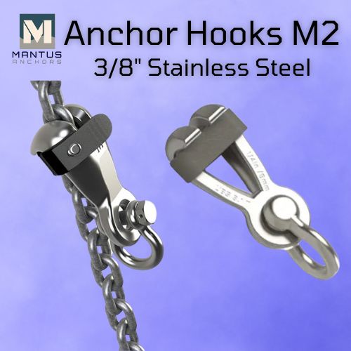 Close-up image showing the bottom and anchored portion of a new M2 3/8" stainless steel anchor hooks manufactured by Mantus.