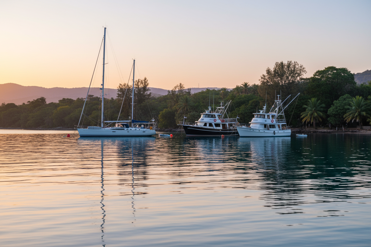 Sailboats and trawlers anchored in a quiet bay