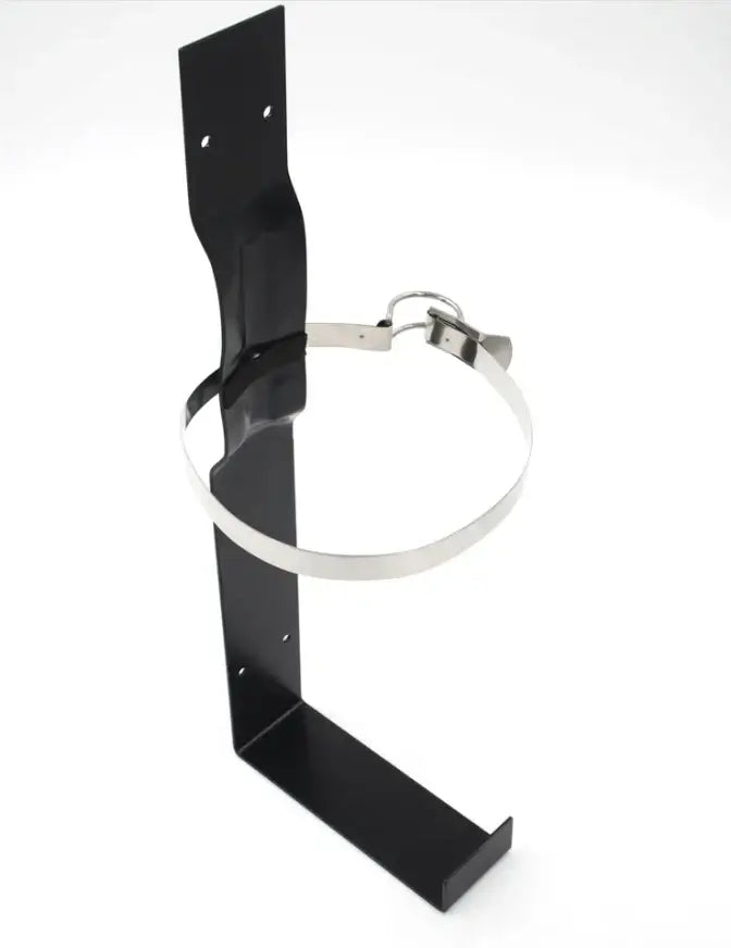Black metal bracket with a silver ring on a white background