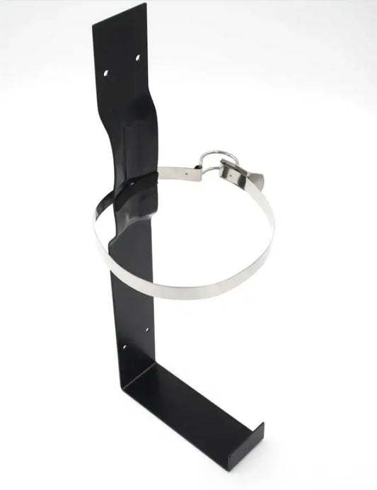 Black metal bracket with a silver ring on a white background