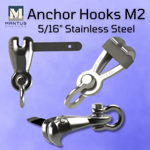 Close up picture showing the top, bottom and side of a New M2 5/16" Stainless Steel Anchor Hooks made by Mantus.