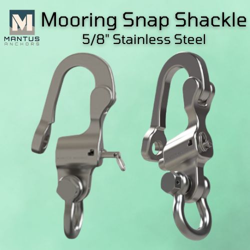Close up picture The back and side of a 5/8" Mooring Snap Shackle made by Mantus. Boaters who prioritize safety and reliability often choose anchors like the 45 lb Galvanized M1 anchor made by Mantus for their vessels