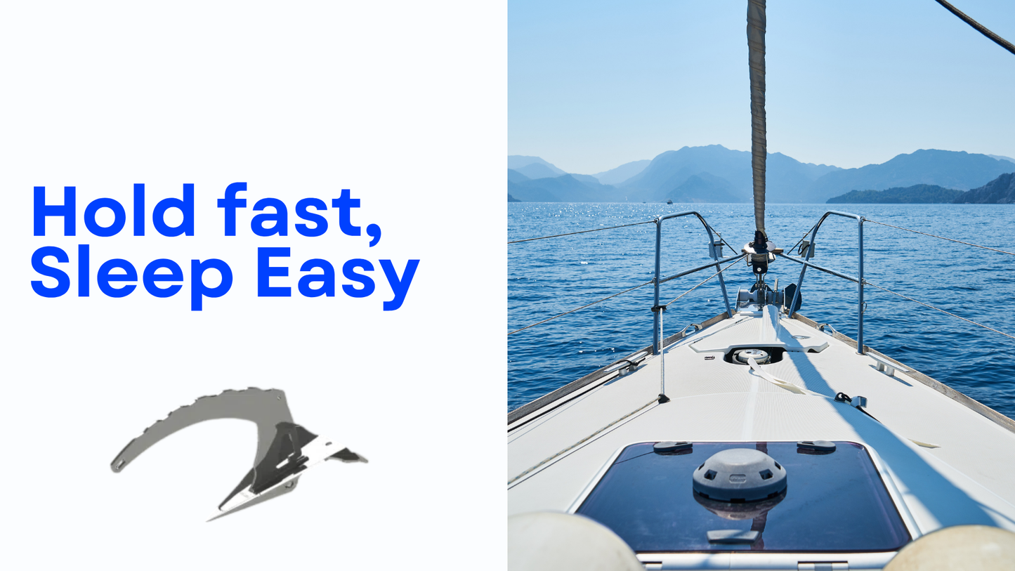 Sailing boat on water with scenic mountains and text 'Hold fast, Sleep Easy' on a white background.
