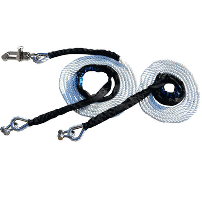 Black and white boat bridle with metal clips on a white background