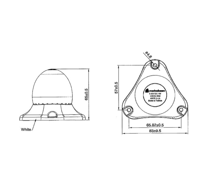 pictograph showing measurements and size of complete light assembly.