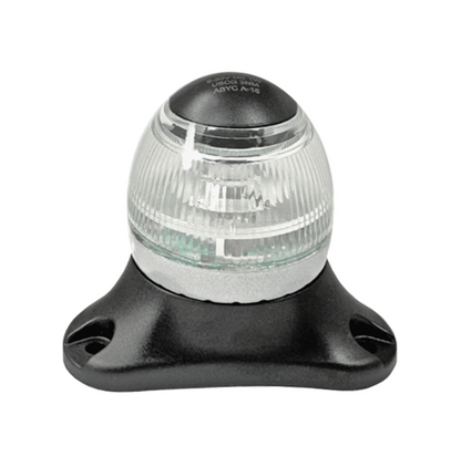 sideview of light showing black base and top with clear lens round light.