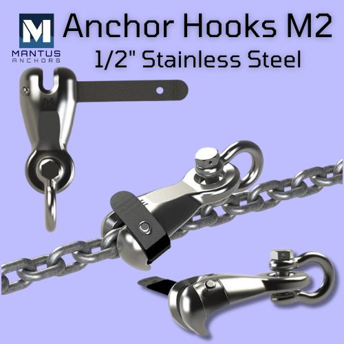 Close-up image showing the top, bottom and anchoring of a new M2 1/2" stainless steel anchor hooks manufactured by Mantus.