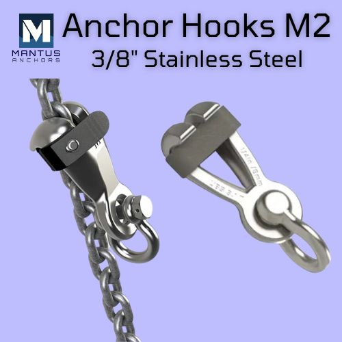 Close-up image showing the bottom and anchored portion of a new M2 3/8" stainless steel anchor hooks manufactured by Mantus.