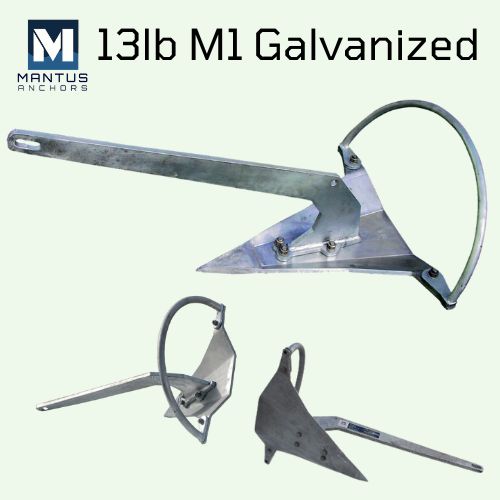 This is an image of a 13 lb Galvanized M1 anchor made by Mantus. It is a close up picture showing the front, back and side. Its galvanized steel construction helps to protect against corrosion, making it suitable for use in marine environments where exposure to saltwater and moisture is common