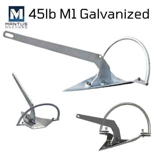  It is a close up picture showing the front, back and side of a 45 lb Galvanized M1 anchor made by Mantus. Its galvanized steel construction helps to protect against corrosion