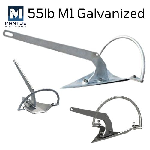 image of a 55 lb Galvanized M1 anchor made by Mantus. It is a close up picture showing the front, back and side.