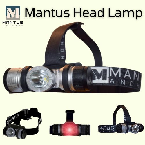 Close up picture showing the front and sides of a Head lamp made by Mantus. Waterproof to 10 meter submersion. Features a red light for night navigation. Rechargeable via a USB – 2.5 hrs for a full recharge. SOS signal 150 lumens (24hrs).