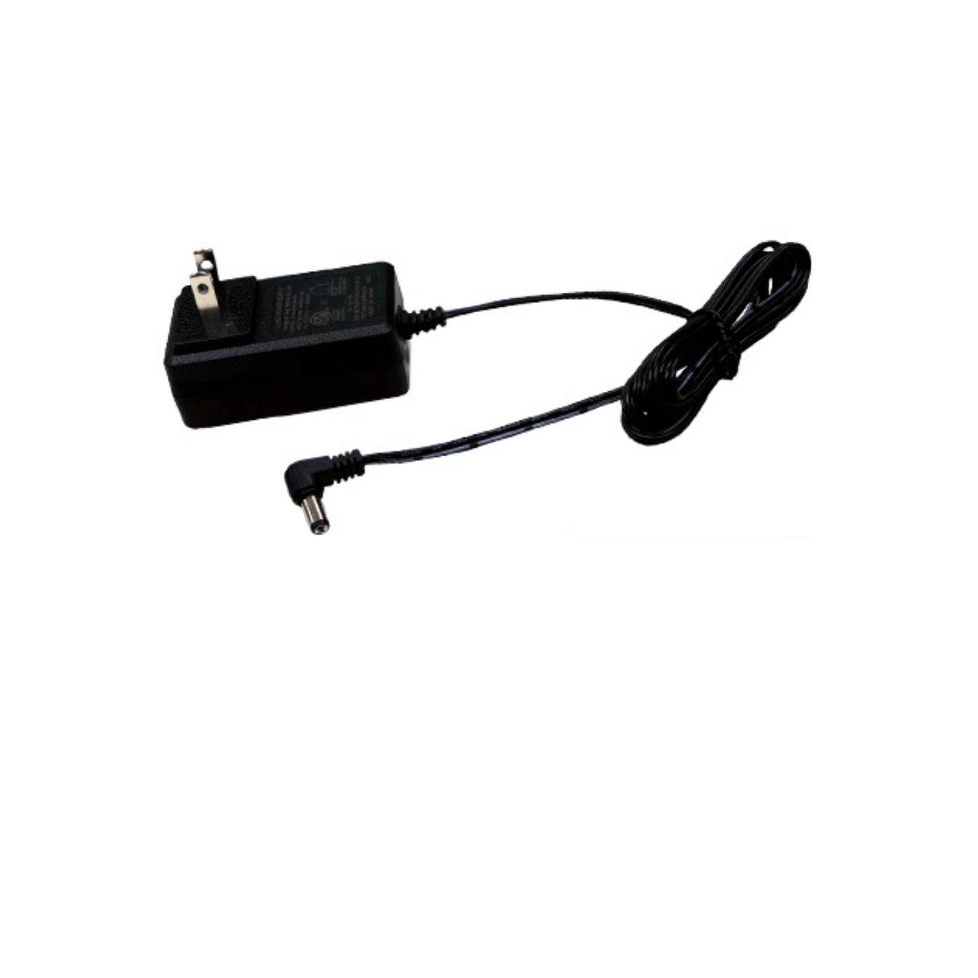 Black power adapter with plug on a white background