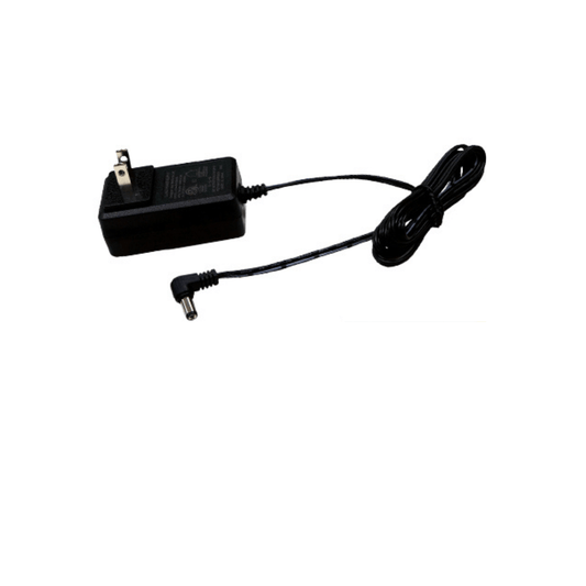 Black power adapter with plug on a white background