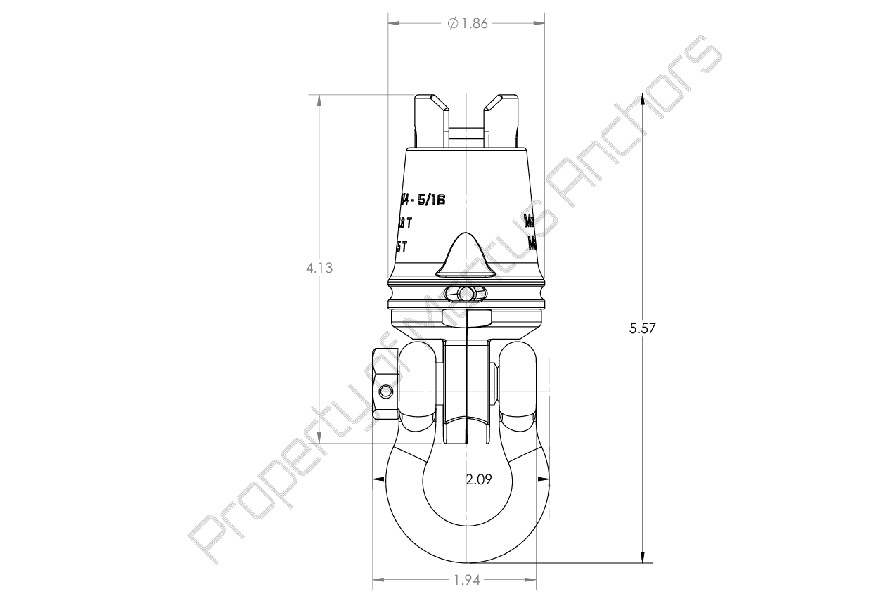 Diagram of Mantus Anchor Swivel S1 with dimensions, showcasing its strong design for secure anchoring.