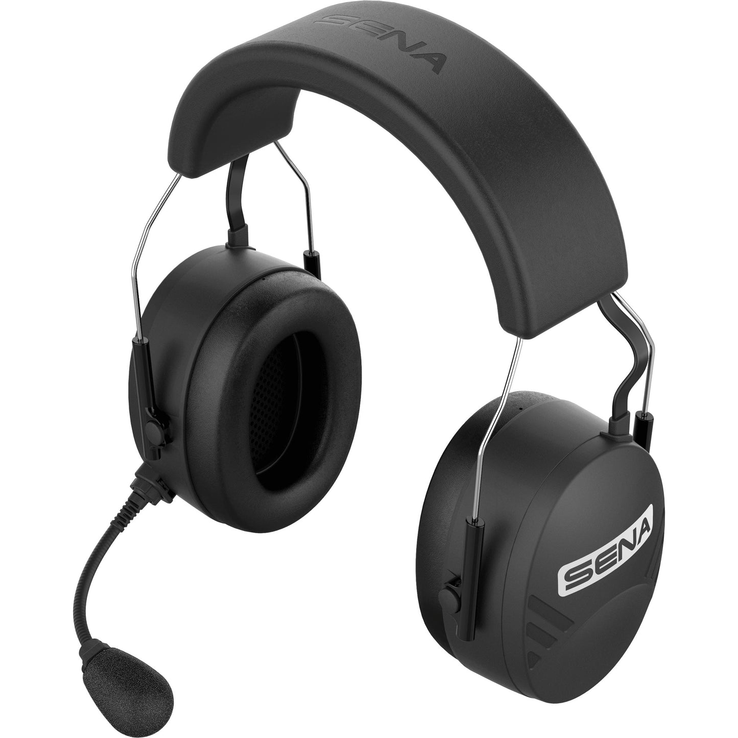 Sena TuffTalk M headset rear three-quarter view showing ear cushion and noise-cancelling boom microphone