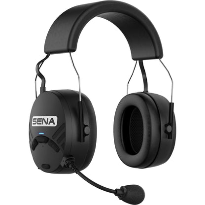 Sena TuffTalk M over-the-head earmuff intercom headset, front three-quarter view with jog dial controls and boom microphone