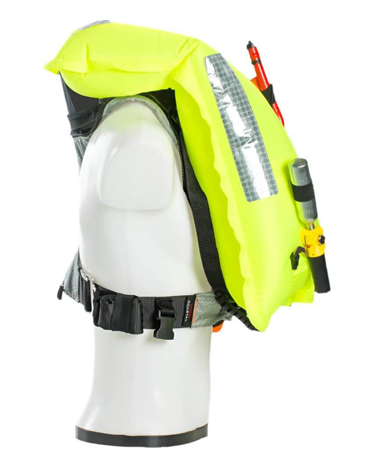 TeamO Marine 170N Backtow™ Coastal Inflatable PFD in bright yellow, showcasing safety features for boating.