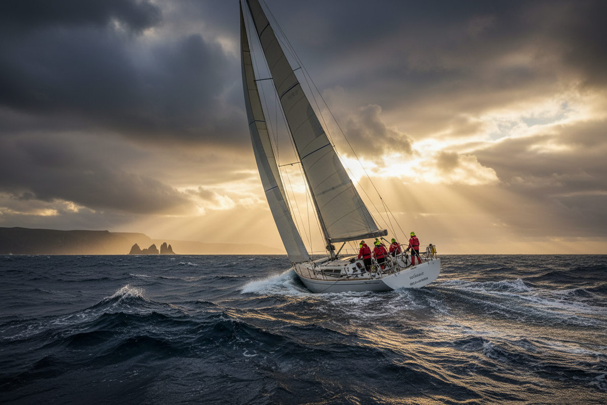 Sailing boat with crew on choppy waters under a dramatic sky. Boat is organized with ropebag holders now