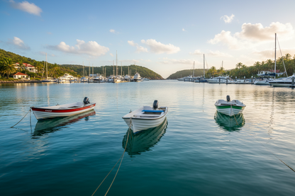 Three boats anchored in a calm harbor with sailboats in the background. All using various sizes of mantus anchors.