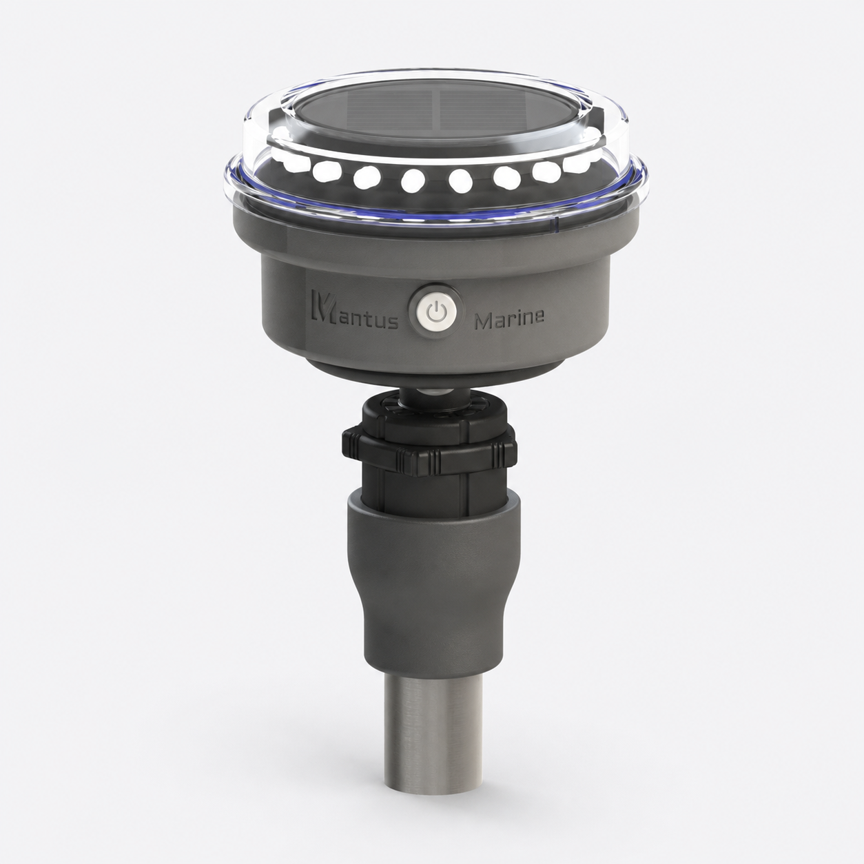 Mantus all-white solar navigation light on a mounting post