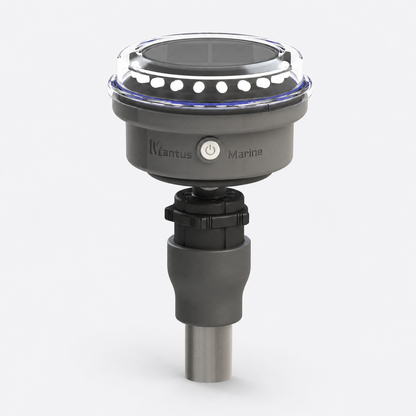 Mantus all-white solar navigation light on a mounting post