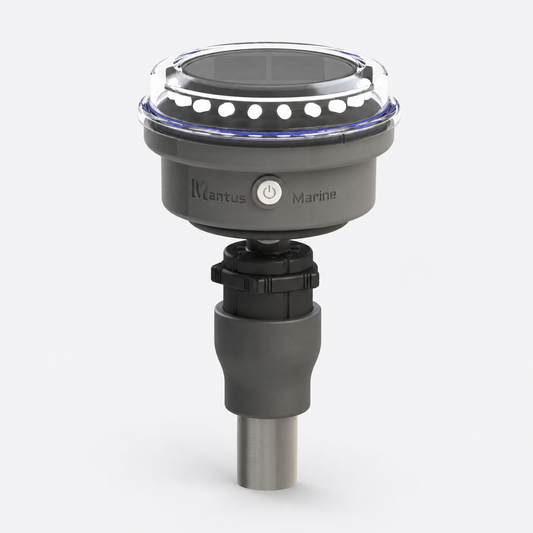 Mantus all-white solar navigation light on a mounting post