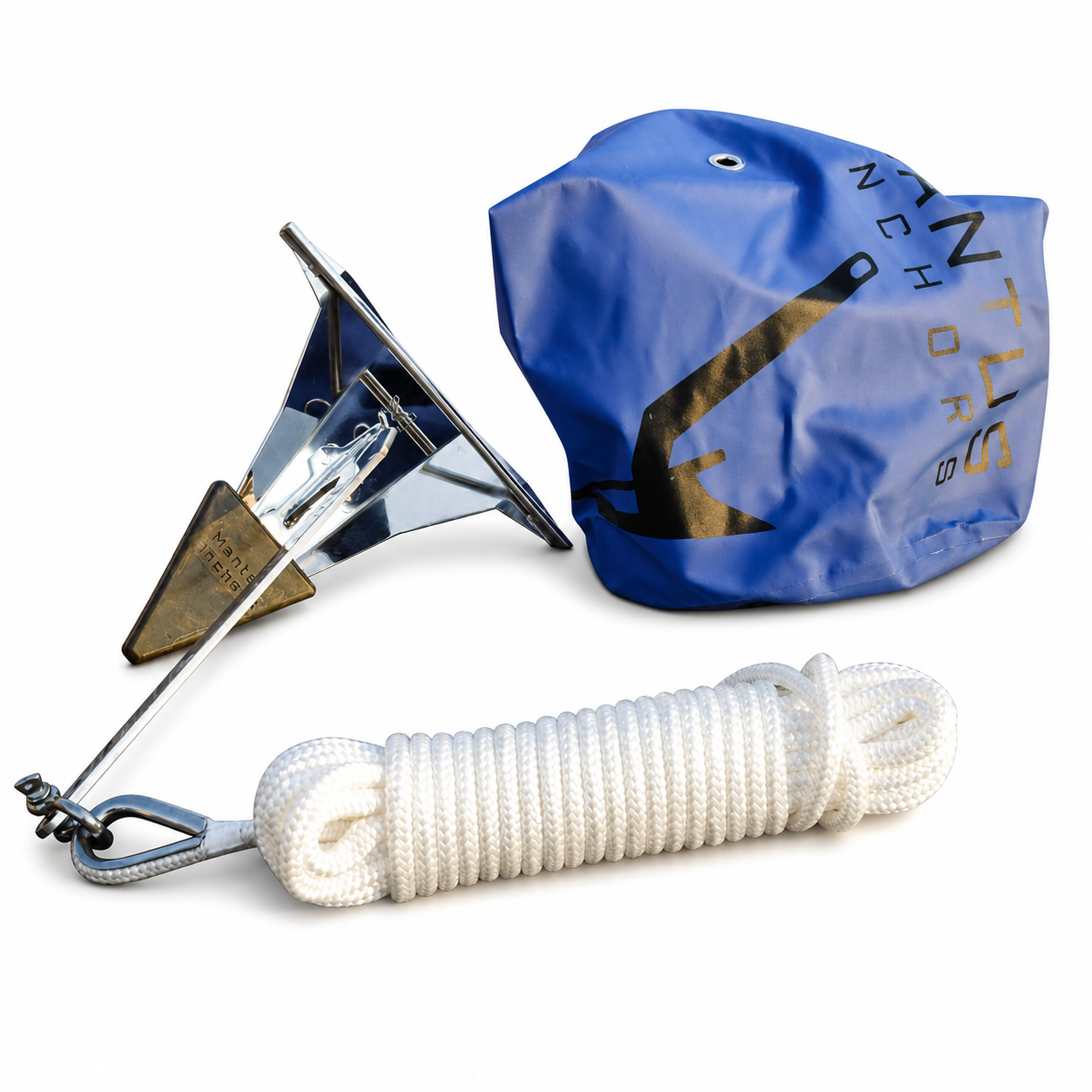 Mantus Dinghy Anchor Kit with anchor, line, shackle, and storage bag