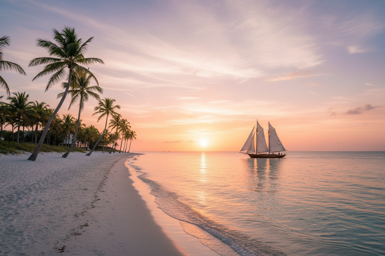 Sailboat off a Florida beach with palm trees