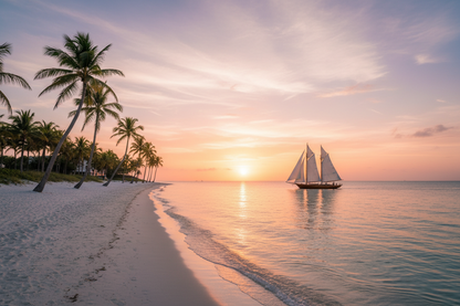 Sailboat off a Florida beach with palm trees