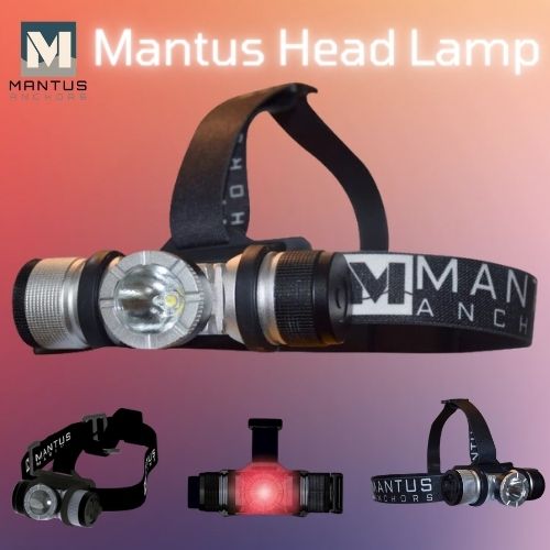 Close up picture showing the front and sides of a Head lamp  made by Mantus. Waterproof to 10 meter submersion. Features a red light for night navigation. Rechargeable via a USB – 2.5 hrs for a full recharge. SOS signal 150 lumens (24hrs).
