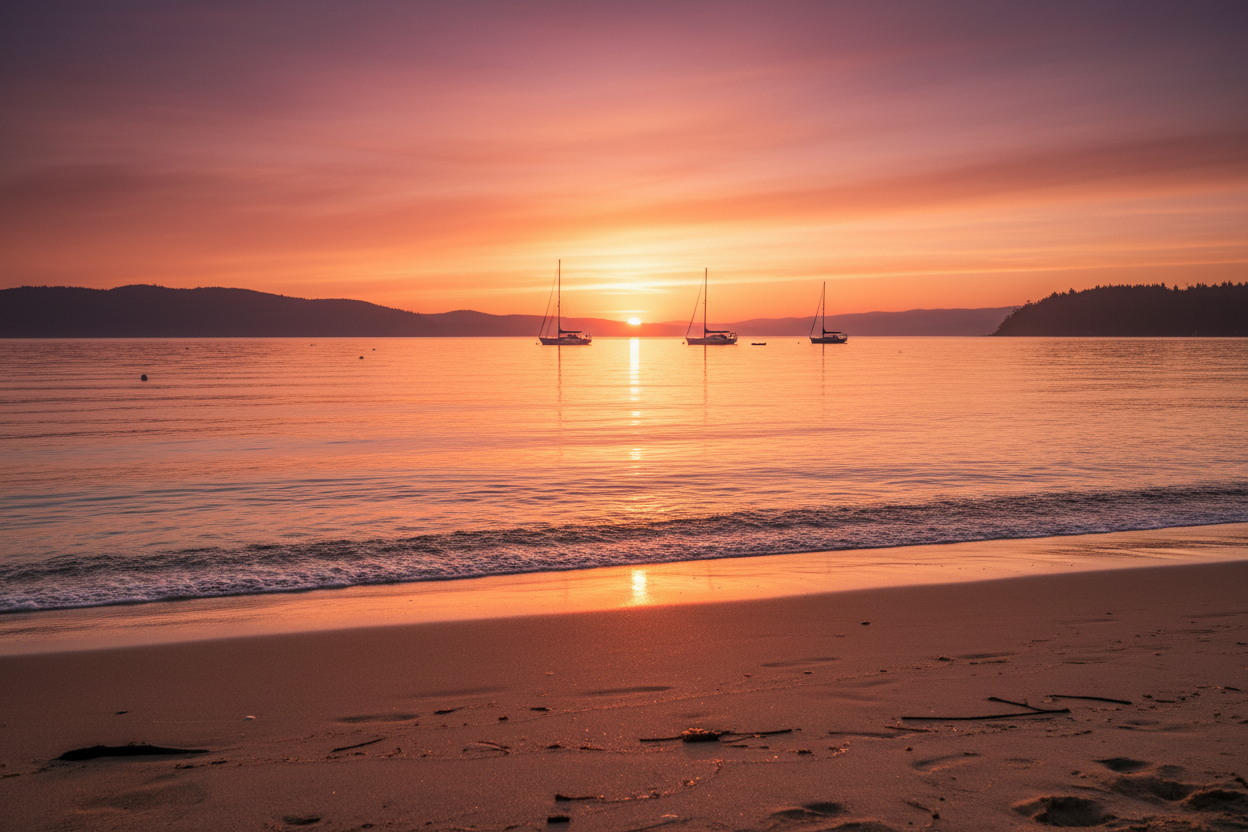 Sunset over a beach with sailboats on the water at anchor. Using Manus anchors.
