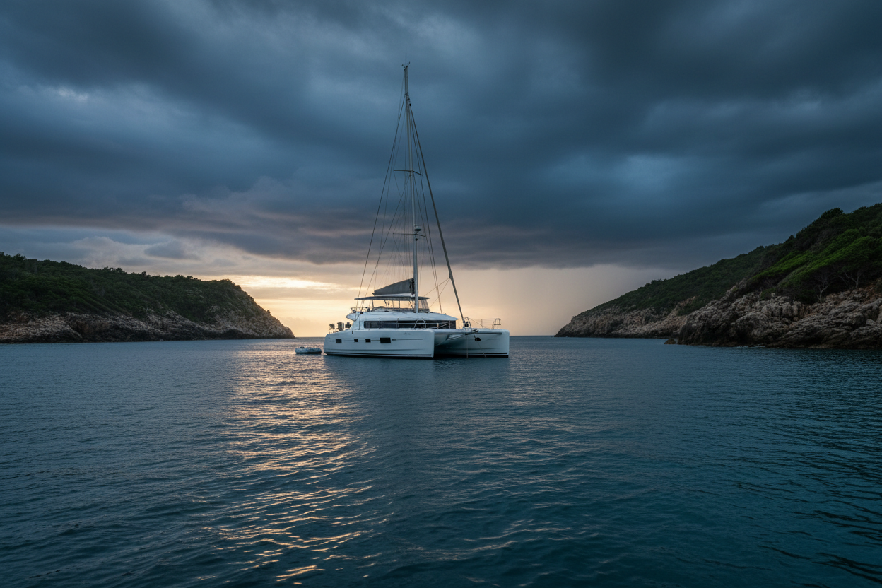 Catamaran anchored in a bay under stormy skies