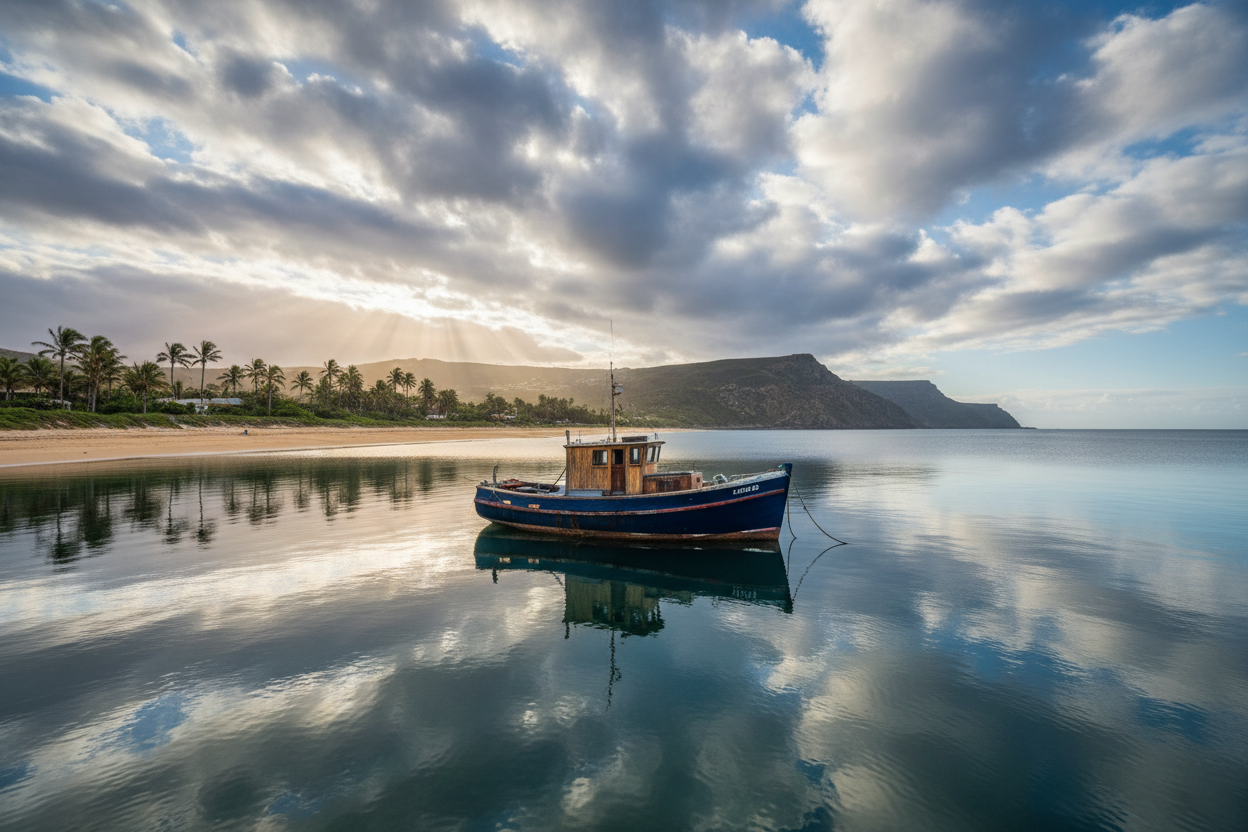 Trawler anchored near a beach in a cloudy bay