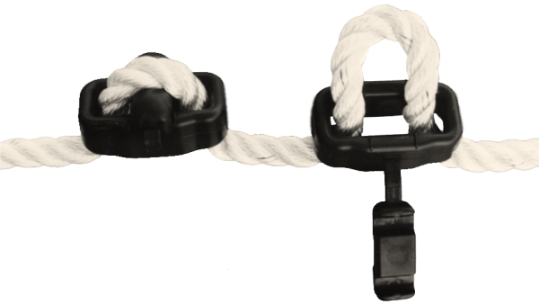 UltraGlozz Bungy Snubber Shock Absorber attached to white braided mooring line, showing elastic load dampening design