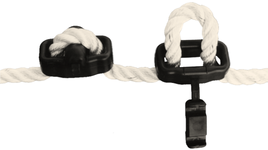 UltraGlozz Bungy Snubber Shock Absorber attached to white braided mooring line, showing elastic load dampening design