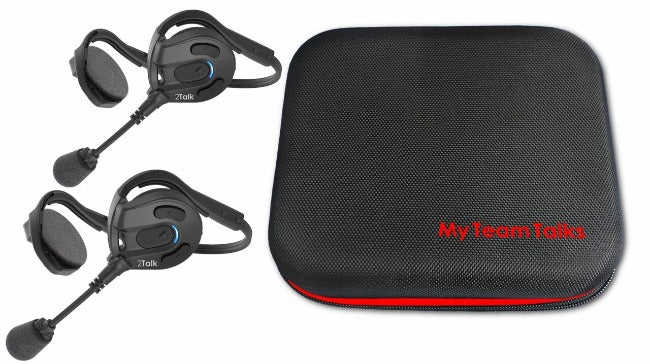 Pair of Sena, my team talks bluetooth headsets. 2Talk, 2Talks over the ear headphones and microphone. Anchoring helper with a black and red case