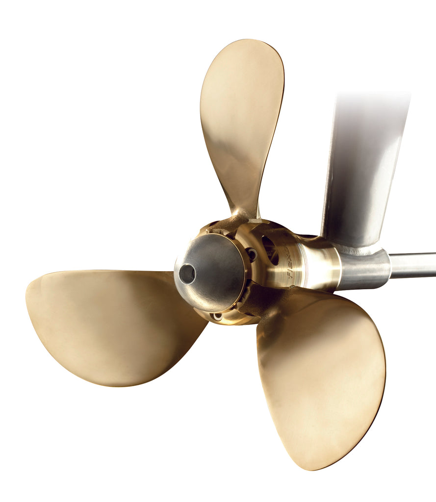 This is an image of a FlexOfold propeller when open. Durable flexofold 3-blade shaft propeller with low drag.