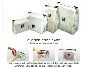Closed ROPE BAGS designed to store coiled lines for easy access and organization in various sailing conditions.